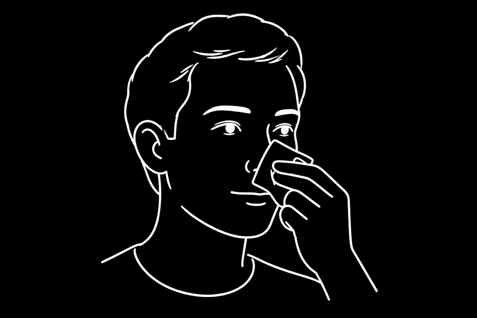 Dibujo de una persona limpiando la parte externa de la nariz con un paño.